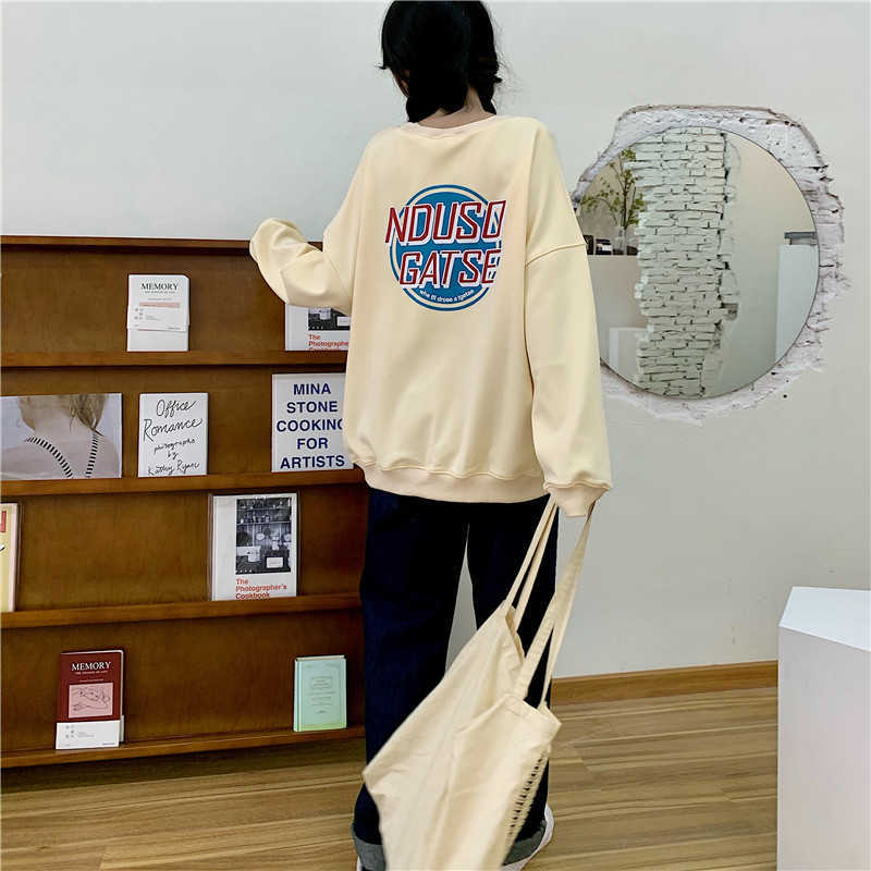 Qooth Sweatshirt Women O-Neck Tops Oversize Japanese Style Harajuku Students Long Pullovers Grey Loose QT282 210609