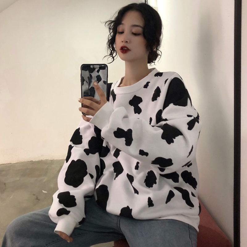 kawaii Korean Women's Clothing spring autumn oversize pullovers Dairy cow print women sweatshirt fashion vestidos femininos new T200311
