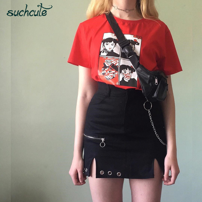 SUCHCUTE zipper up women skirts metal chain Modis gothic mini skirt A-line black spring streetwear female party outfits 210306