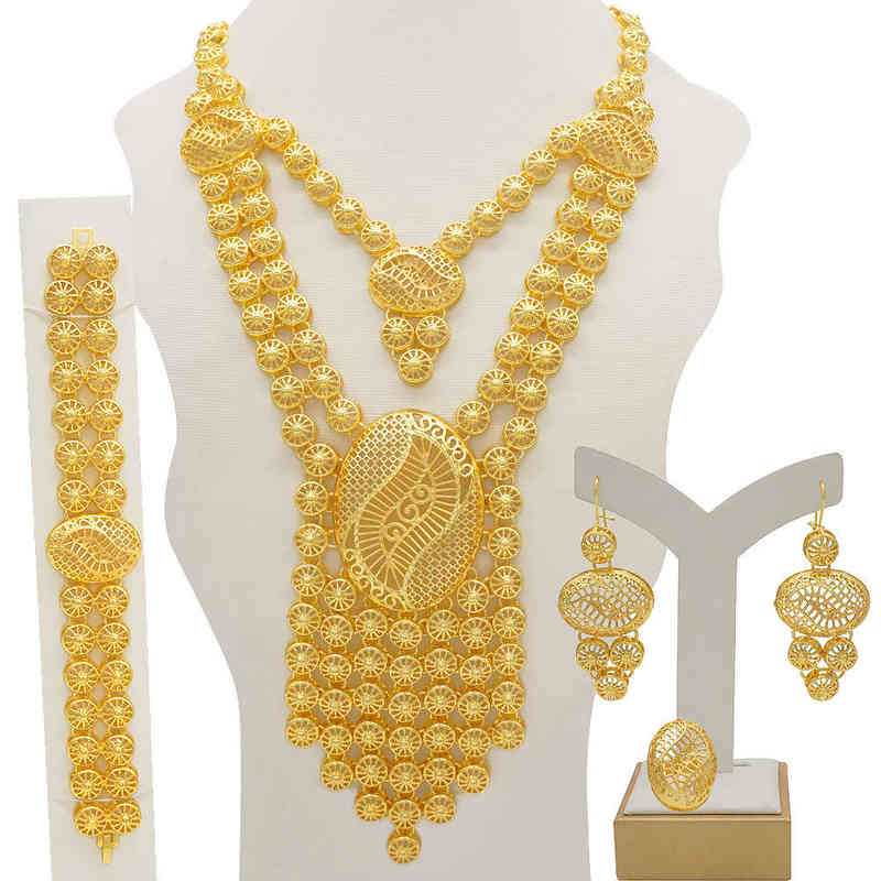 Gold Long Necklace/Earrings/Ring Big Jewelry Set Women Gold Color Arab Jewelry Wedding Accessories 211204