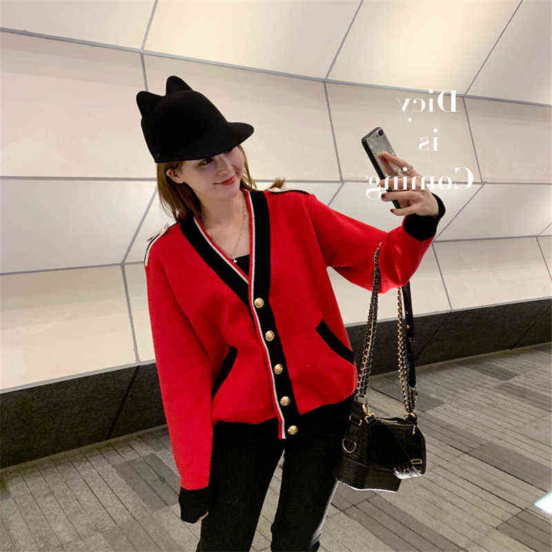 Contrasting Color Knitted Cardigan Women Loose Lazy Casual Red Sweater Coat V-neck Striped Autumn Winter Pockets Female 211117