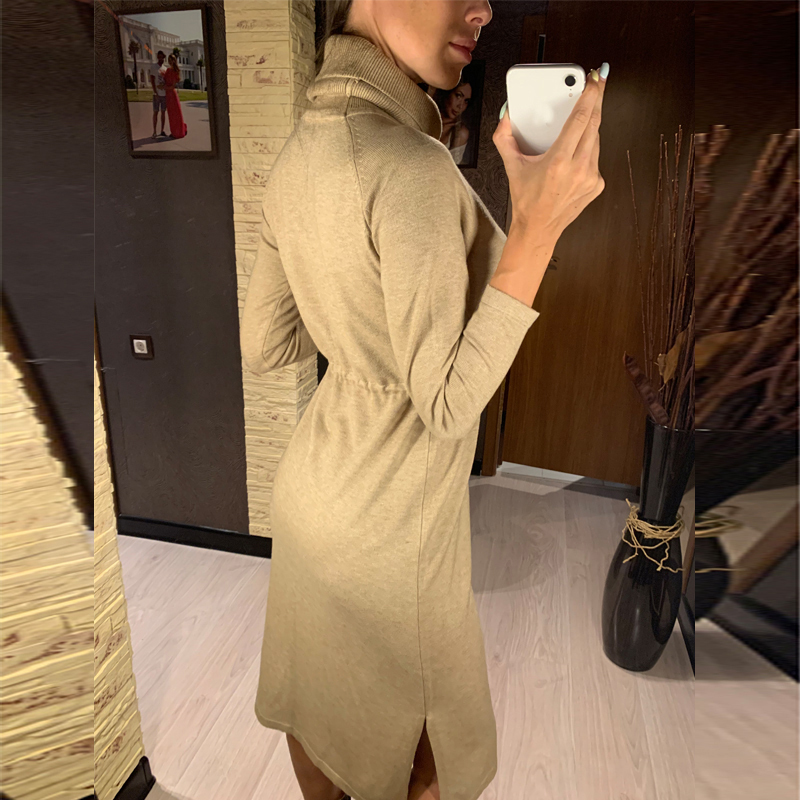 GIGOGOU Turtle Cowl Neck Long Knit Women Straight Dress Autumn Winter Drawstring Midi Dress Split Up Pullover Sweater Dress 210309