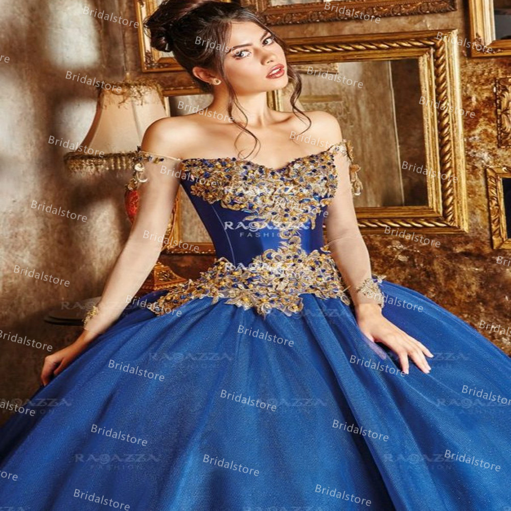 Vintage Blue Mexican Quinceanera Dresses With Crystal Lace Princess Ball Gown Sweet 15 Dress 2021 Tiered Gold Corset Prom Dance Gowns Robes De Soirée