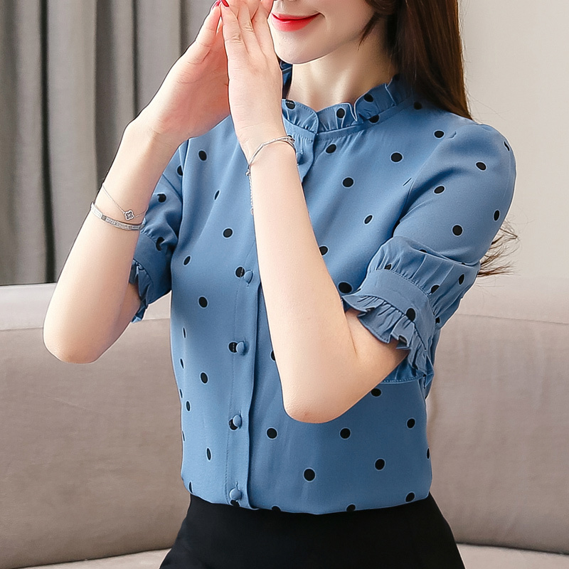 2021 New Chiffon Shirts Women Shirt Summer Shirt Women Tops Dot Printed Fashion Korean Blue Pink Short Sleeves Blouse 5700 50 210225