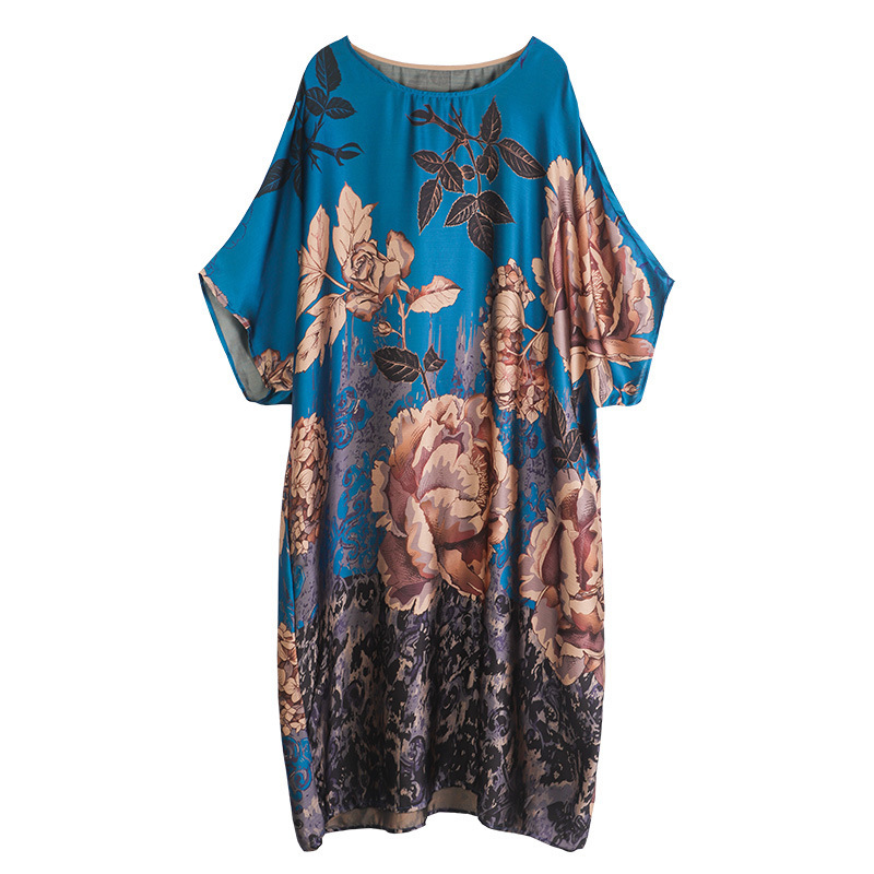 Vintage Silk Dress Summer Loose Printed Batwing Sleeve Plus Size Dresses Women Streetwear Clothing 2D3637 210526