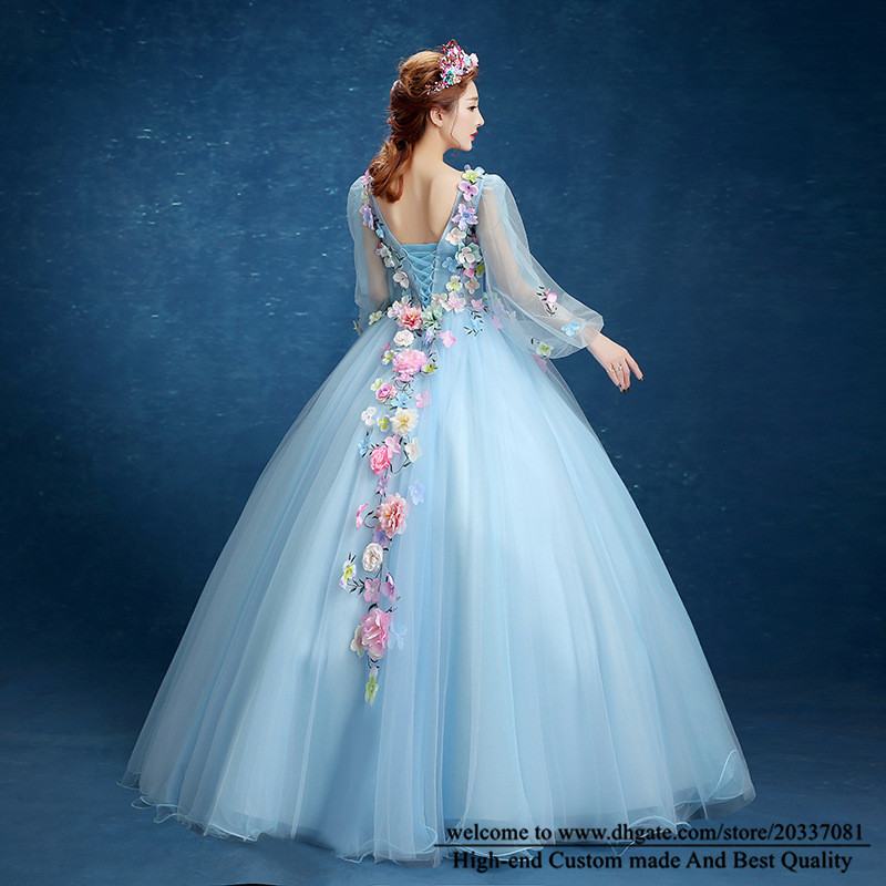 Quinceanera Dresses 2021 Sexy V-Neck Flowers Party Prom Formal Lace Up Princess Long Sleeve Ball Gown Tulle Vestidos De 15 Anos Q36