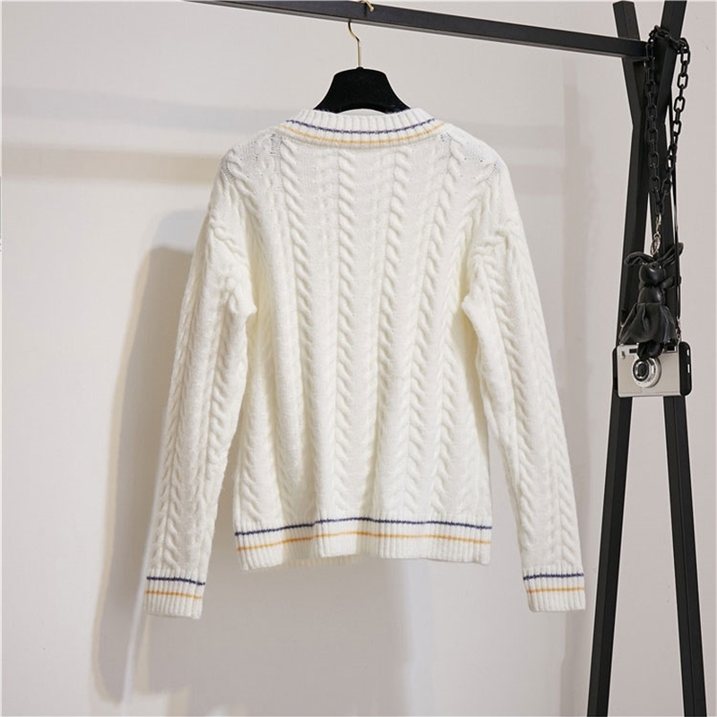 Fall Winter New Vneck Thread jacquard White Sweater and Plaid Woolen Mini Skirts 2 Piece set Women Twinset Girls Students Sets 201102