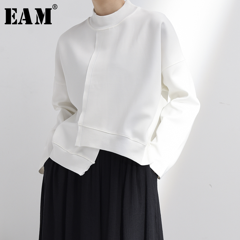 [EAM] Loose Fit White Irregular Hem Weatshirt New Satnd Collar Long Sleeve Women Big Size Fashion Tide Spring JK800 201204