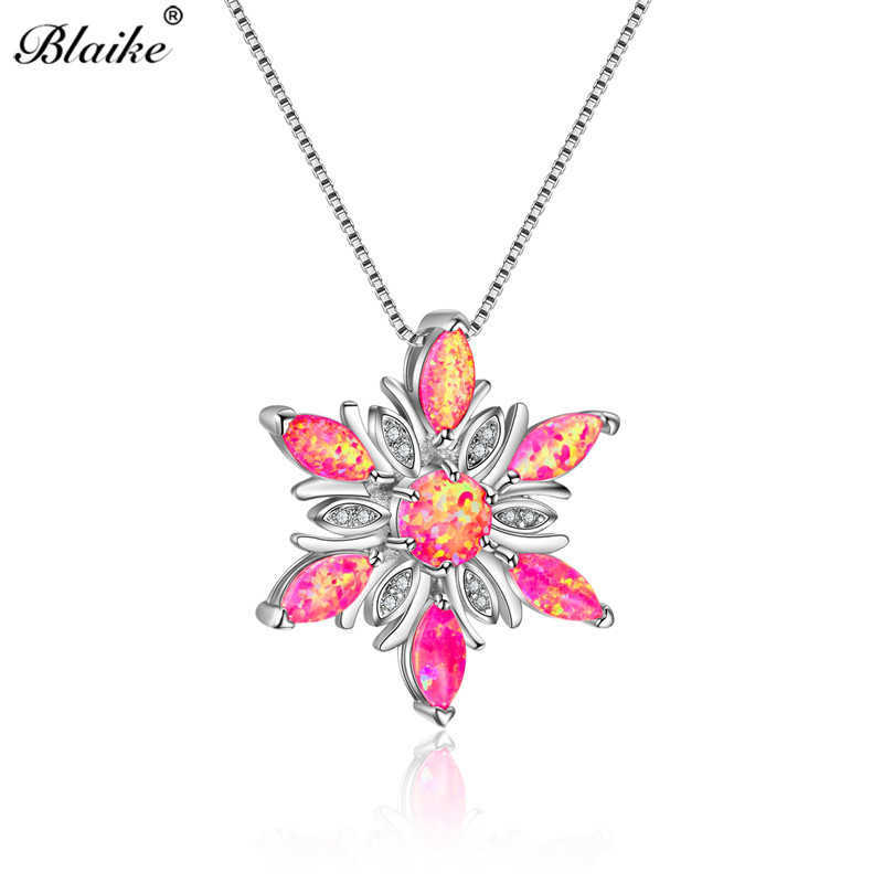 Blaike 925 Sterling Silver Snowflake Pendants For Women Pink/Blue/White Fire Opal Necklaces Rainbow Stone Birthstone Choker Gift 210621