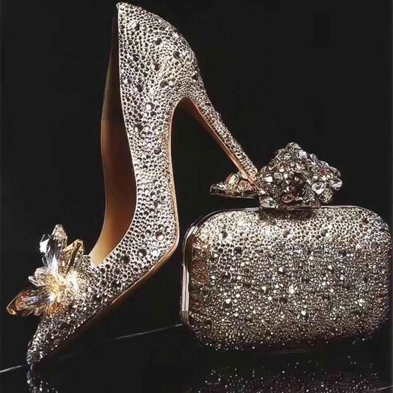 Dress Shoes Cinderella Crystal Bridal Leather Pointed Sequined High Heels Sexy Wedding, Gold 9cm heel
Dress Shoes Cinderella Crystal Bridal Leather Pointed Sequined High Heels Sexy Wedding, Gold 9cm heel