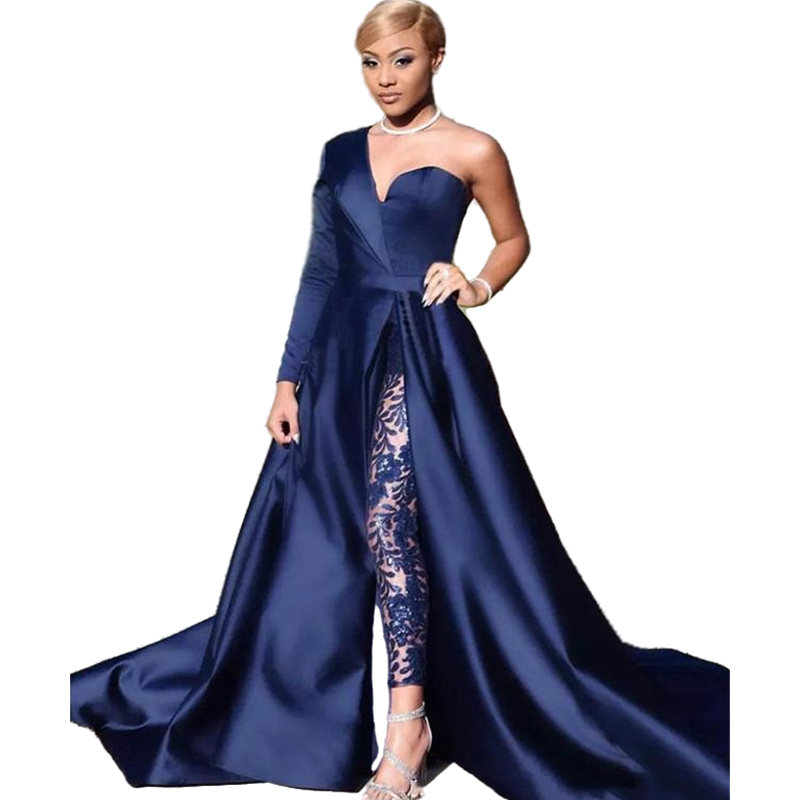 Modern Dark Navy One Shoulder Evening Dresses Women Jumpsuits Formal Party Gowns Lace Appliques Satin A Line Prom Dress Special Occasion Wear Pant 202