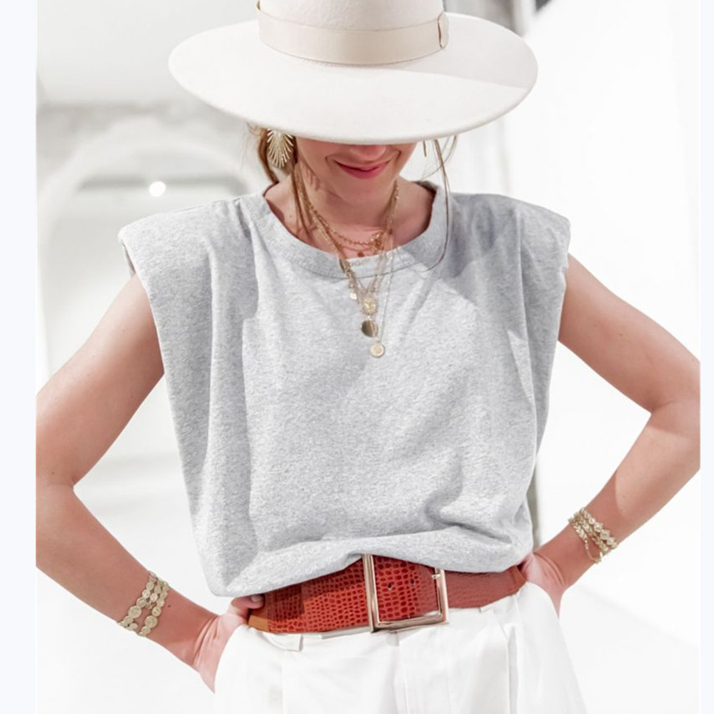 Cotton Shoulder Padded Korean Women T-Shirt O-Neck Sleeveless Solid Female T Shirt New Summer Casual Loose Ladies Top Tees 210302