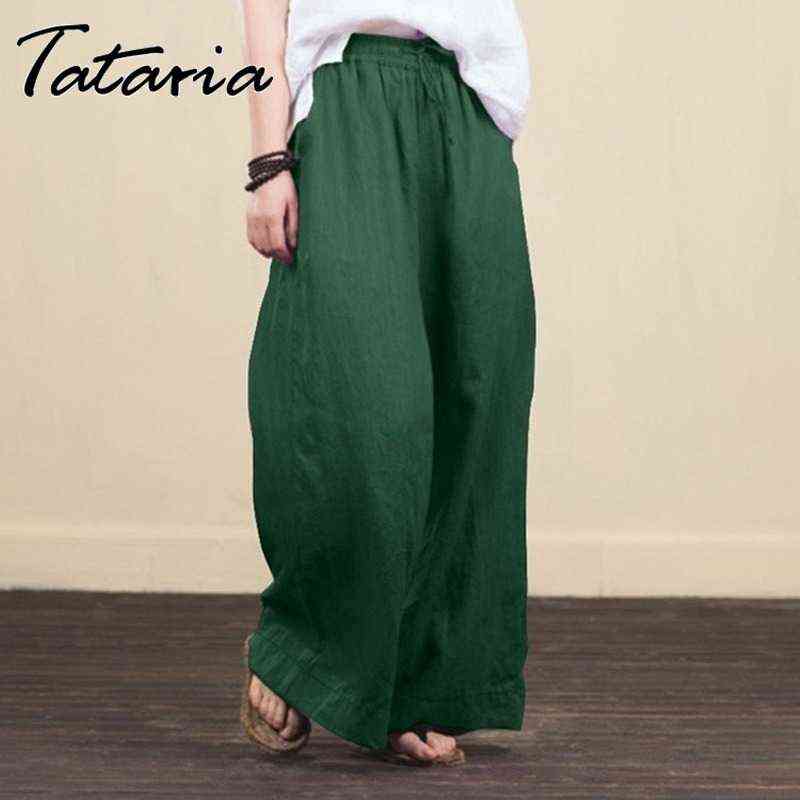Women Solid Cotton Linen Wide Leg Pants harajuku Casual High Waist big flare Loose Pocket Trousers summer Long Pantalon 4XL 5XL 211115