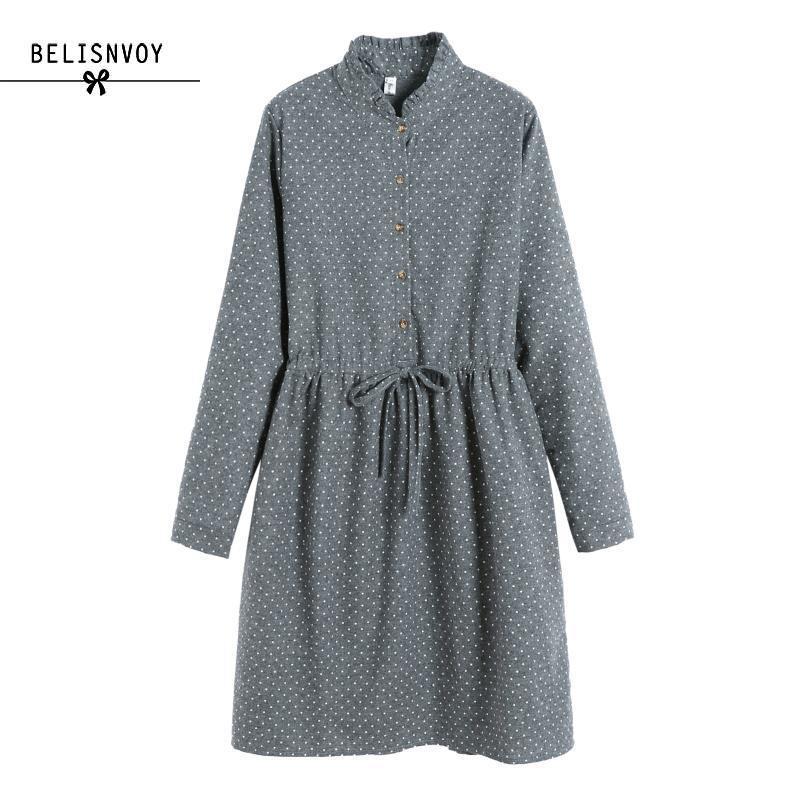 Mori Girl Spring Autumn Women Dresses Stand Collar Elbise Long Sleeve Vintage Dress Polka Dot Printed Femininos Vestidos 210309
