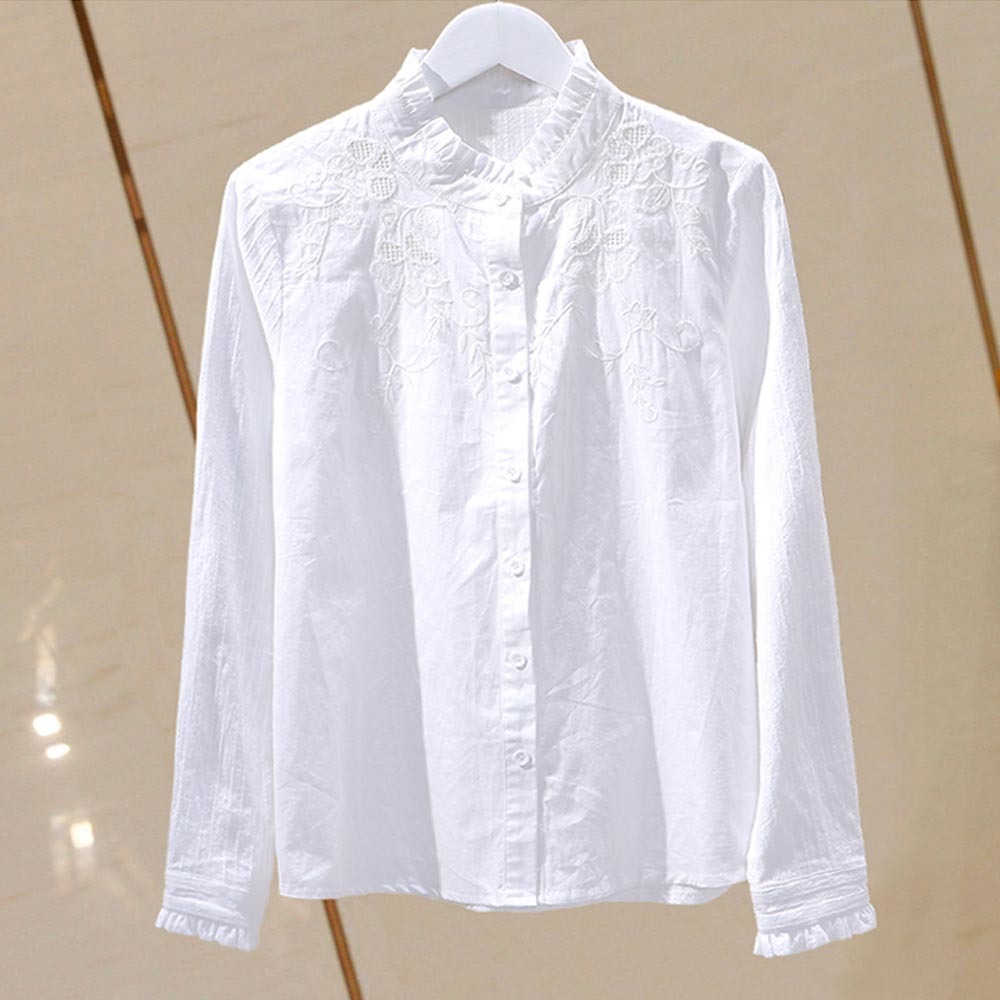Summer Blouse Women Shirt Tops Cotton Korean Style Floral Embroidered Pleated Ruffle Stand Collar Casual Plus Size Clothes 210225