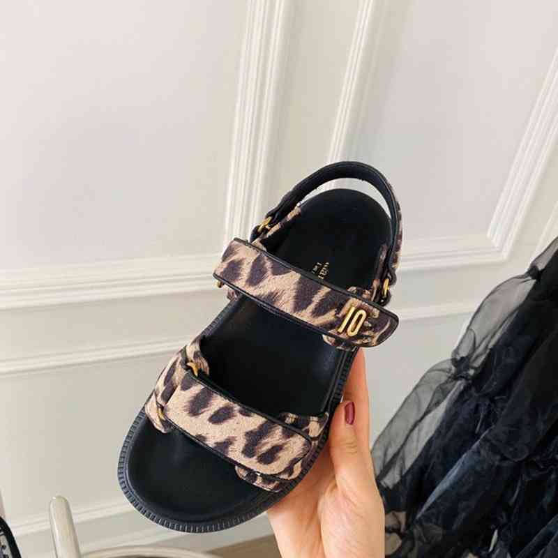 Shoes Velcro flat sandals word band women's new leather leopard thick bottom beach Roman shoes shoe outlet