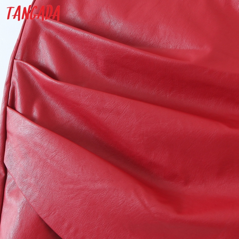 Tangada Autumn Winter Women Red Faux Leather Skirts Faldas Mujer Zipper Female Mini Skirt 8H18 210309