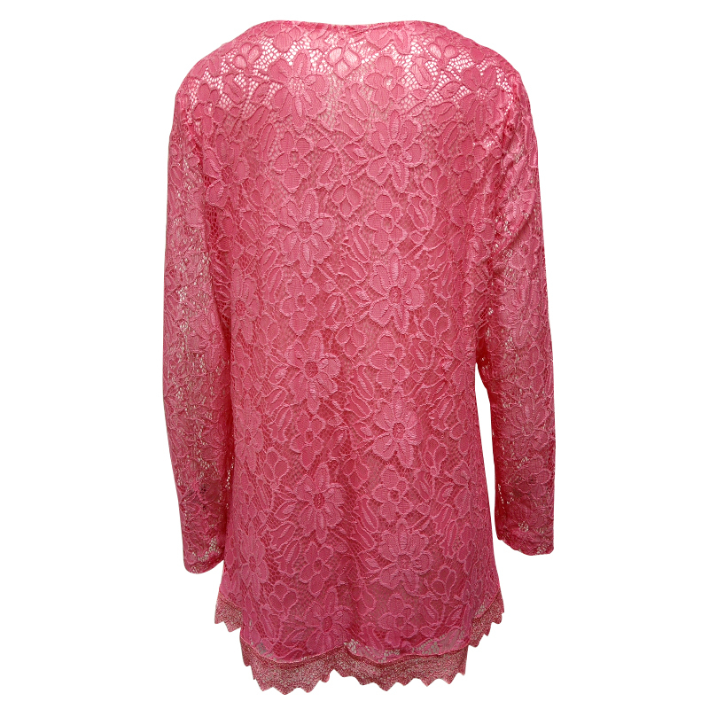 YTL Women Plus Size Retro Solid Pink Floral Lace Blouse Long Sleeve V Neck Crochet Tunic Top Ladies Shirts Tee 6XL 7XL 8XL H026 210225