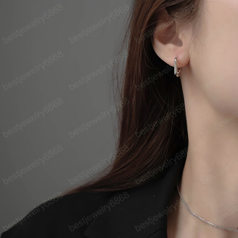 New S925 Silver Color Retro Metal Geometric U-shaped Oval Small Stud Earrings for Women Girls Jewelry