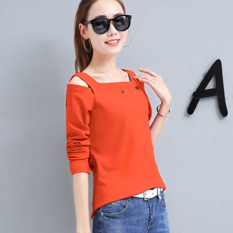 shintimes Off The Shoulder Tops For Women Korean Clothes Womens Cotton Long Sleeve T Shirt Poleras Mujer Full T-Shirt Femme 210615Z