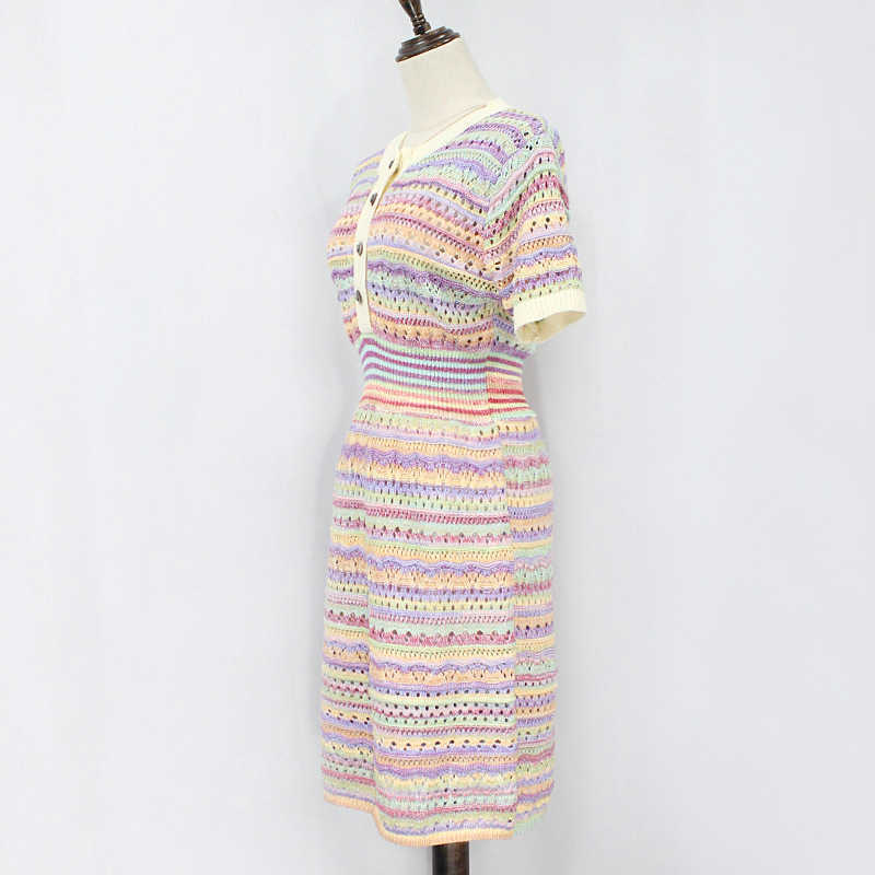 DEAT Women Knitting Hollow Out Striped Dress Round Neck Short Sleeve Lady Temperament Fashion Spring Summer 11D1953 210709