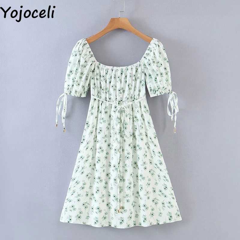 Yojoceli Elegant daisy print fitness short dres Summer beach casual daily square neck Sexy cute female mini es 210609