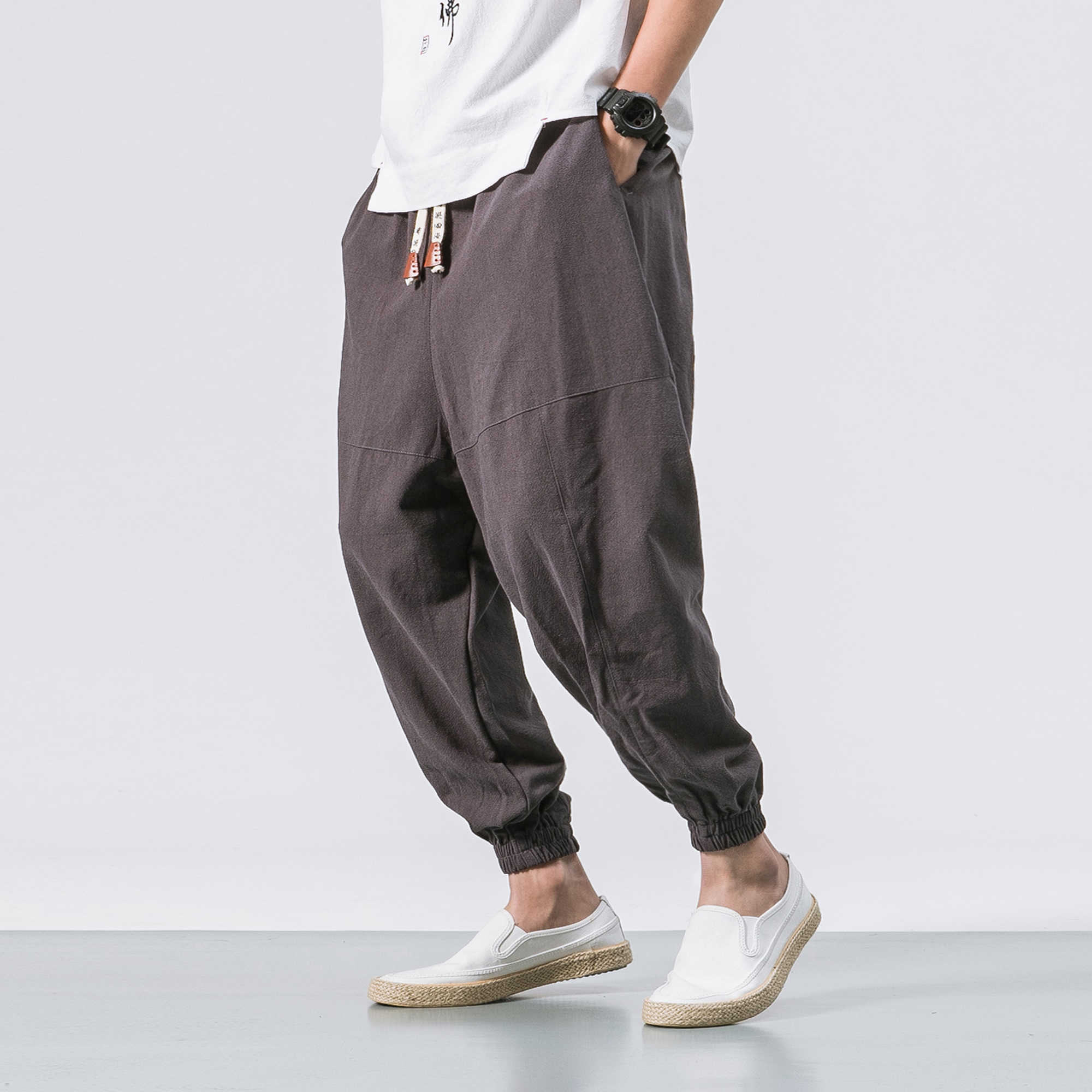 Black Pants Men Japanese Streetwear Cotton Linen Loose Trouser Fashion Male Elastic Waist Harem Pants 210601