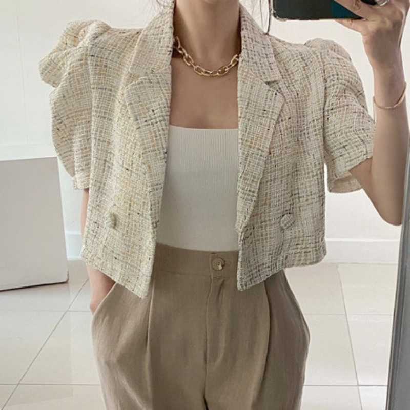Korea Chic Retro Summer Short Sleeve Lapel Tweed Jacket Straight Puff Sleeve Short Cardigan Coat Crop Tops Fashion Sexy Wild 210928