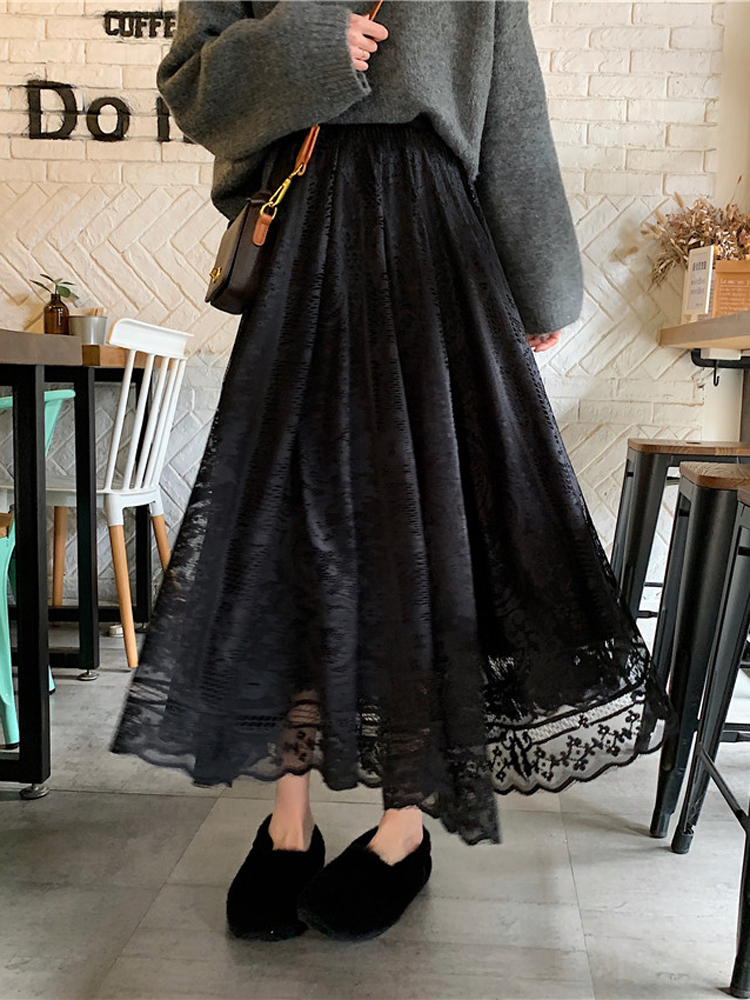 WERUERUYU Spring And Summer Womens Waist Gauze Lace Skirt Thin A Aline Long 210306