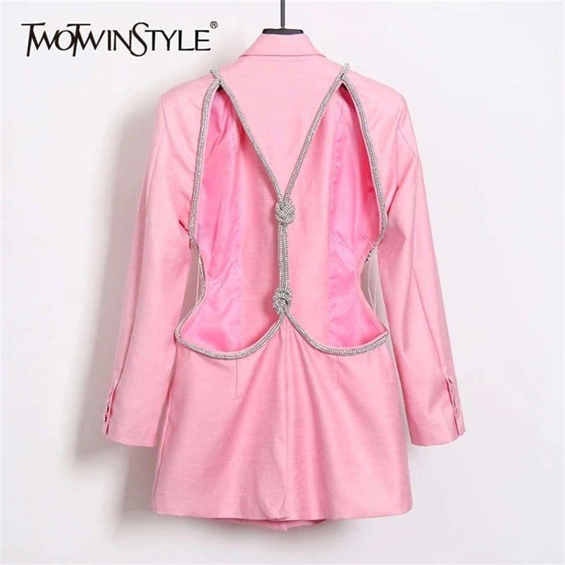 TWOTWINSTYLE Sexy Backless Diamond Blazer Tops Female Lapel Collar Long Sleeve Slim Hollow Out Women's Coat Fashion 211116