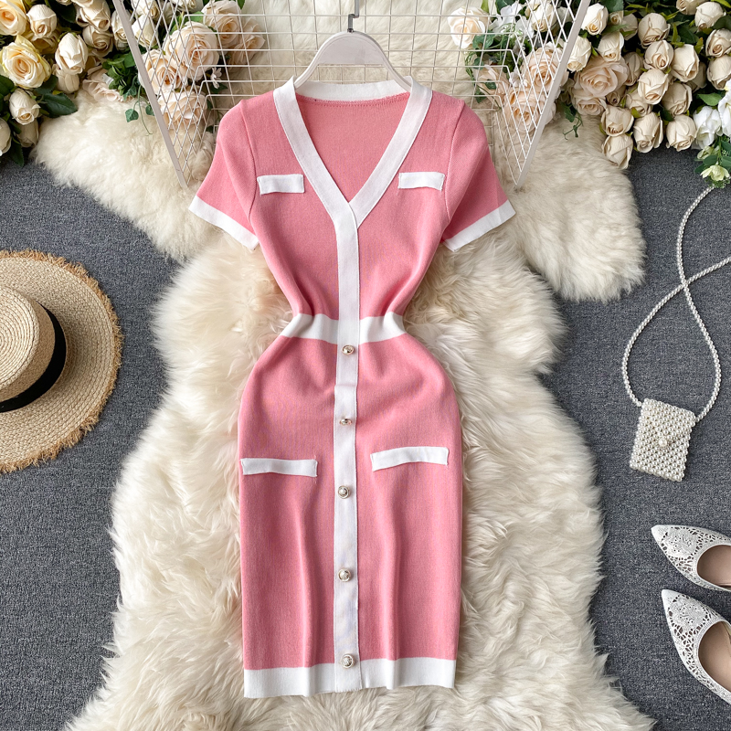 New design women's fashion retro elegant single breasted patchwork short sleeve v-neck knitted pencil dress color block short dress, Pink
New design women's fashion retro elegant single breasted patchwork short sleeve v-neck knitted pencil dress color block short dress, Pink