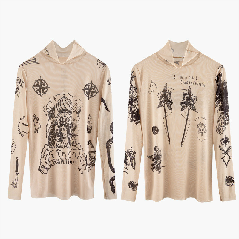 Women's T Shirt Russia Autumn New Fashion Women Basal Top Goddess Tatoo Print Vintage High Tight Collar Mesh Yarn SEXY T-shirt Tops B666 210302