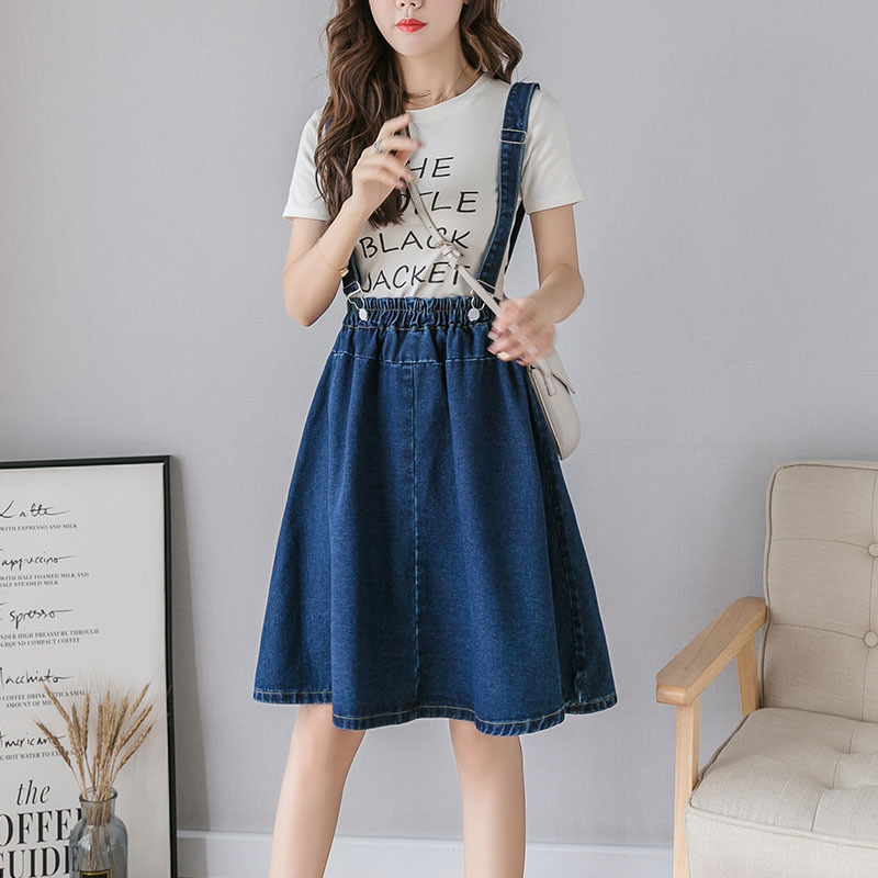 Zoki Plus Size S-4XL Women Denim Strap Skirt Elegant Summer Korean Elastic High Waist A-line Midi Skirt Jeans Faldas Mujer Moda 210309