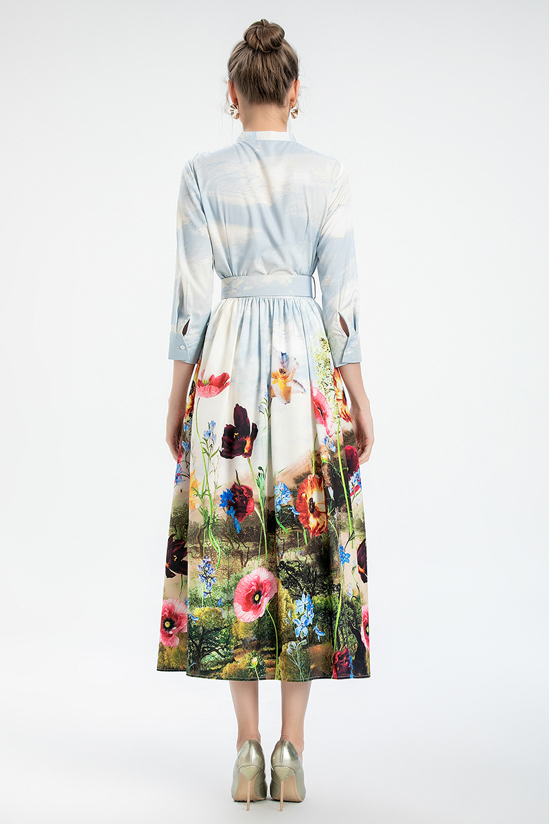 Women's Runway Dresses O Neck 3/4 Sleeves Printed Fashion Autumn Mid Calf Dress Vestidos