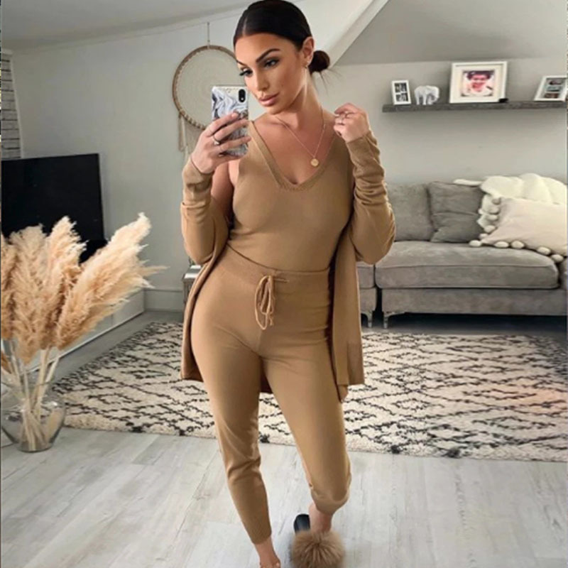 Knitting 3 piece set women set outfits suit fashion Knitted Lounge Sets vest top jogger cardigan Home wear Womens Clothes 210302