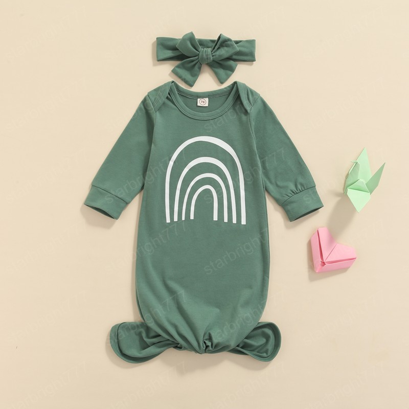 4 Colors Newborn Baby Girls Boys Sleeping Bags Turban 2pcs Outfits 0-6M Rainbow Printed Long Sleeve Blanket Sleeping Bag