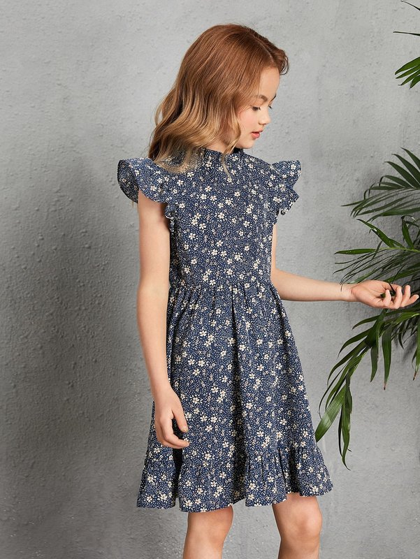Girls Ditsy Floral Butterfly Sleeve Ruffle Hem Dress SHE