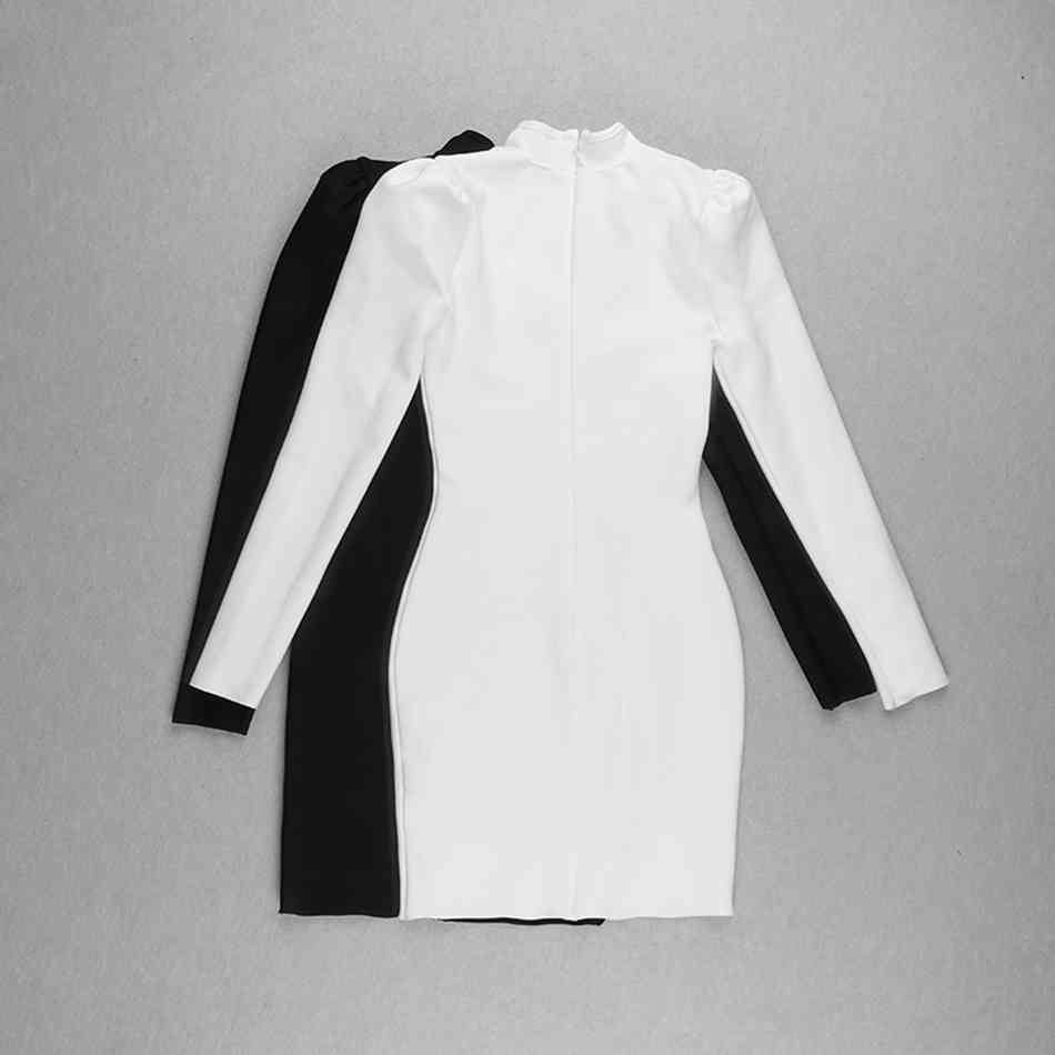 Fall High Quality Women's Black White Skinny Long Sleeve Keyhole Rayon Bandage Dress Club Party Vestidos 210525