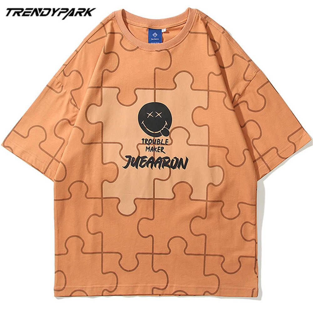 Men's T-shirt Summer Short Sleeve Puzzle Pattern Tee Hip Hop Oversized Cotton Casual Harajuku Streetwear Top Tshirts 210601