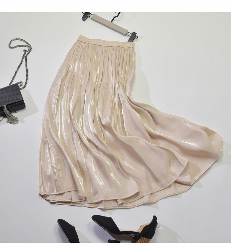 Spring Korean Style Pleated Skirt Elastic Waist Pearl Luster Silk Slippery Faldas Largas Elegantes 210306