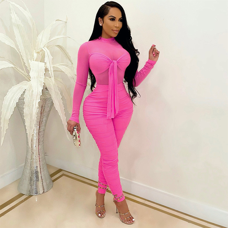 Sexy Club Jumpsuits Women Plus Size 3X 4XL Long Sleeve Rompers High Stretchy Mesh bodycon Bodysuits Sheer Nightclub Wear Bandage Jumpers 6889