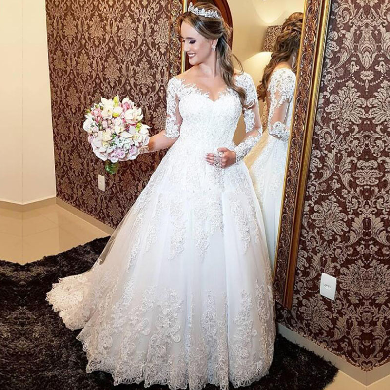 ZJ9160 2021 Crystal Wedding Dress for Brides Dresses White Long Sleeve Lace Bottom Vintage plus size maxi