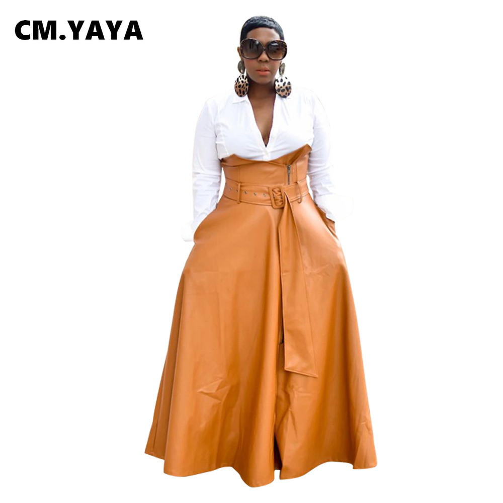 CM.YAYA Women High Waist Faux Leather Long Skirts Night Club Street Vintage Sashes A-line Maxi PU Skirts Party Bandage Skirt 210311 - view 3