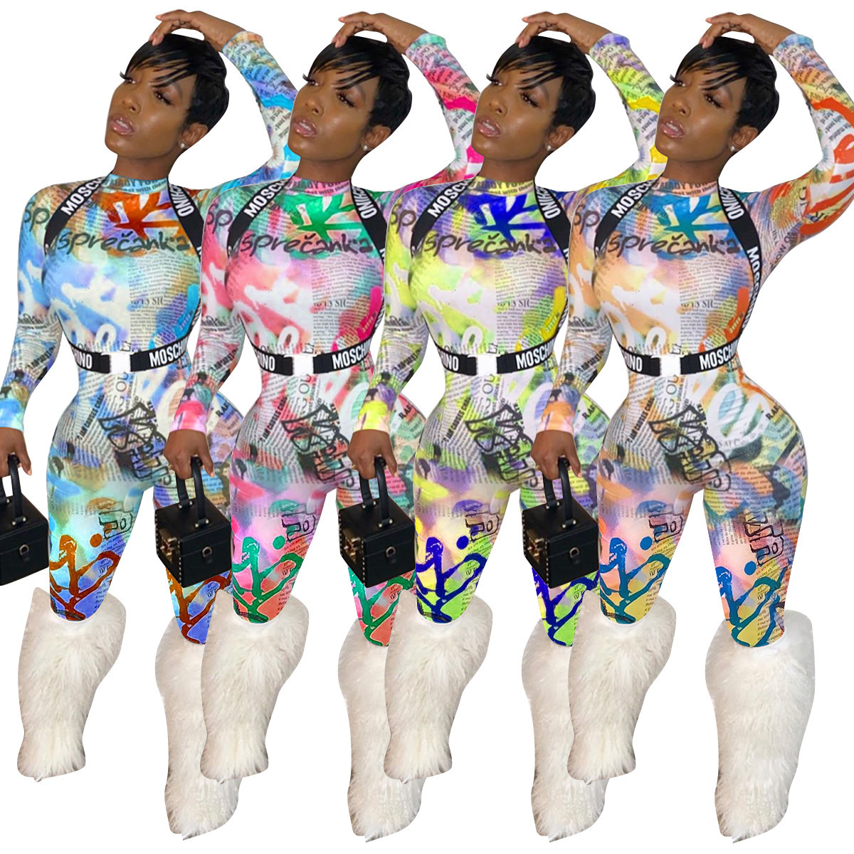 Joskaa fall new sexy letter Printed LongSleeved rompers turtleneck zipper waist sheath sports casual womens Jumpsuit 201007