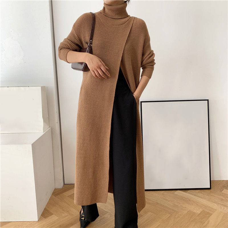 [EAM] Vent Long Knitting Sweater Loose Fit Turtleneck Long Sleeve Women Pullovers New Fashion Tide Autumn Winter 2021 1DA357 210218