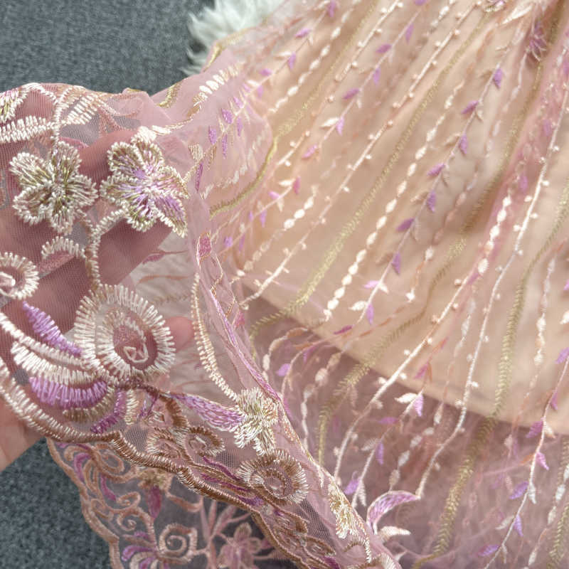 DEAT Summer Arrivals Round Collar Short Sleeve High Waist Embroidery Slim Vintage A-line Long Dress MZ731 210709