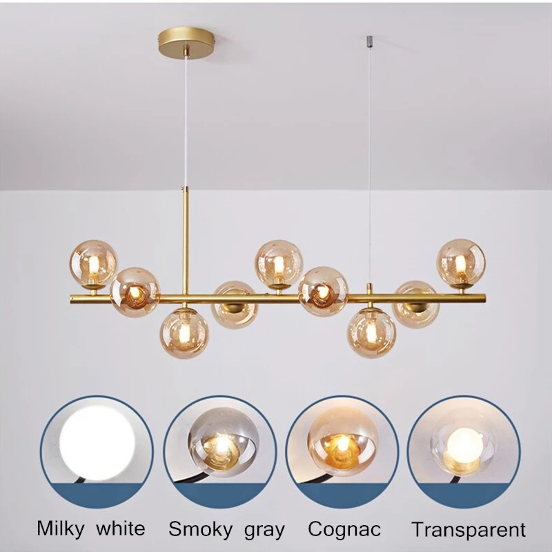 Nordic LED Chandelier Lamp for Kitchen Living Dining Room Hall 11 Heads Glass Ball Hanging Pendant Light Indoor Decor Lighting Fixture R410