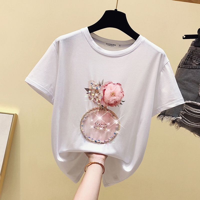 Summer Pink T shirt Women Tops Kawaii White Tshirt Women Korean Clothes Short Sleeve Casual Purple Sequins Diamond Tee shirt T200614