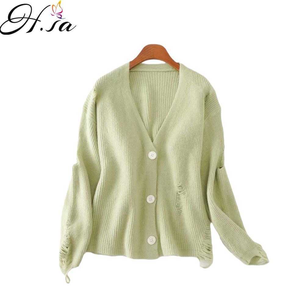 H.SA Fall Fashion Sweater and Cardigans V neck Broken Hole Chic Kitting Jumpers Yellow Cute Cardigan Sweater mujer 210716