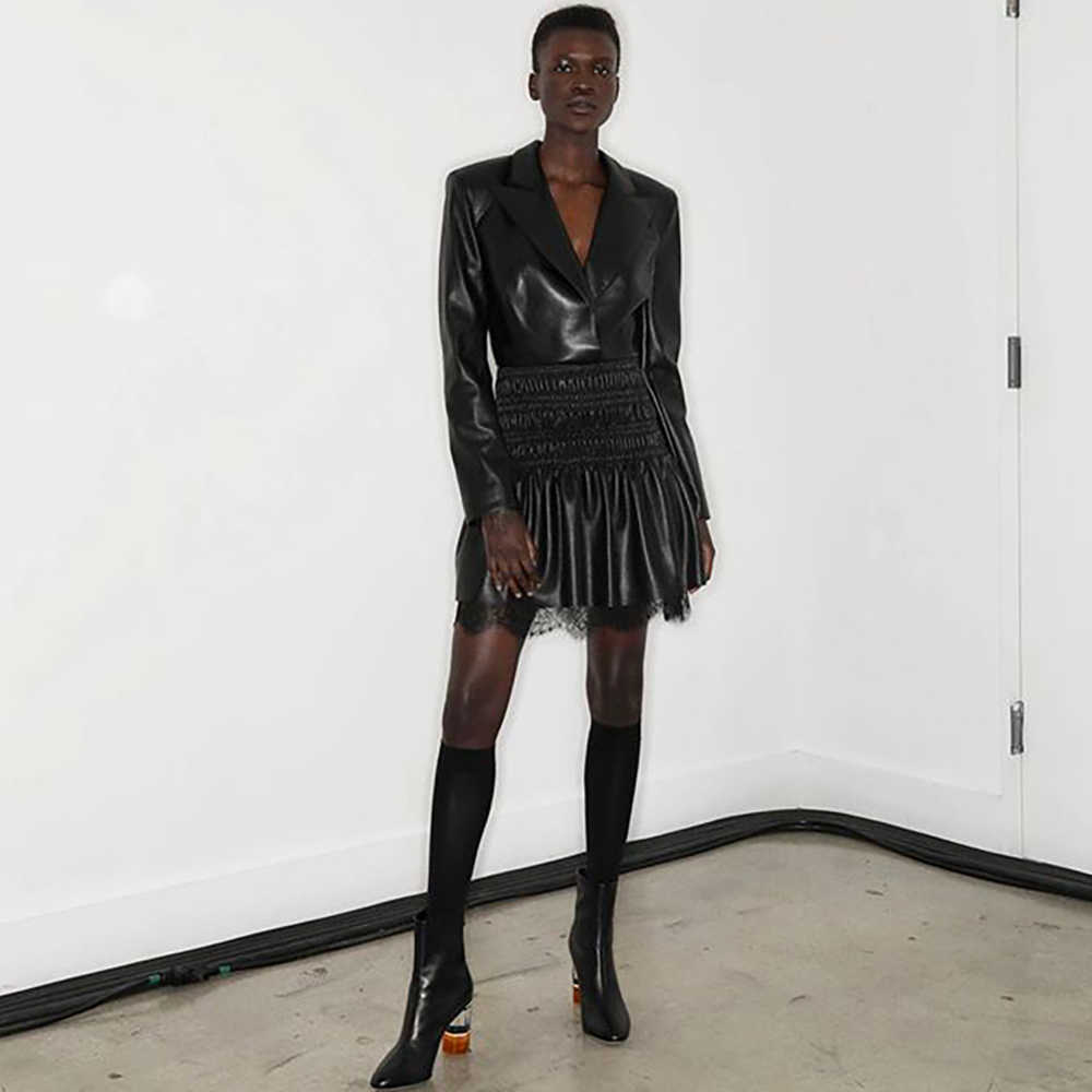 Ladies A-Line High Quality Black Sexy Long-Sleeved Fashion V-Neck Pu Leather Mini Draped Lace Celebrity Party Dress 210525